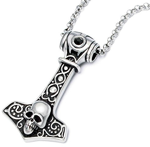 Schmuck-Checker Edelstahl Anhänger Hammer Mjölnir Gott Thor Totenkopf Silber massiv + 60cm Halskette Kette
