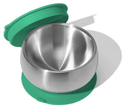 Avanchy Baby Feeding Stainless Steel Spill Proof Stay Put Suction Bowl + Air Tight Lid - Great Baby Gift Set. Green