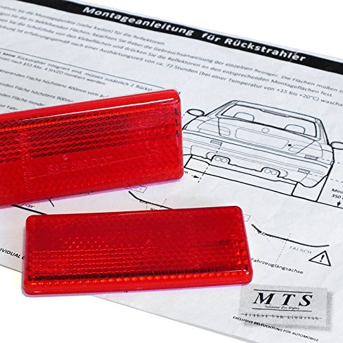 Reflektoren rot 2 Stück Set Rückstrahler Katzenaugen KFZ PKW Auto Anhänger Motorrad selbstklebend eckig mit e-Prüfzeichen f. schwarze Heckleuchten Rückleuchten TÜV 68x31mm inkl. Montageanleitung