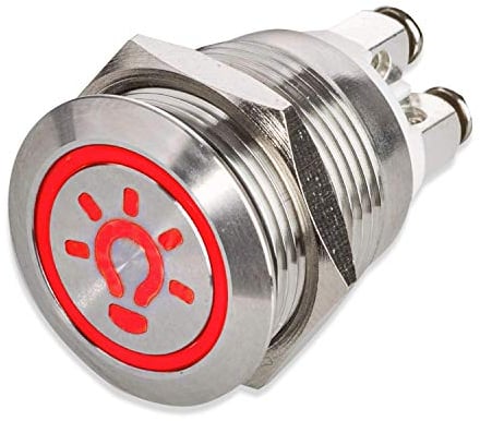 LED Drucktaster – Licht-Symbol – Ø 19 mm – flache Tastfläche – Schraubkontakte – wasser- staubdicht IP67 – AC/DC (Rot)