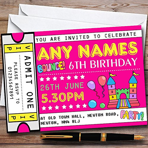 Childrens's Kids Party Invites Pink Bouncy Castle Ticket Personalised Childrens's Kids Birthday Party Invitations with Envelopes - Any Custom Text for Any Occasion