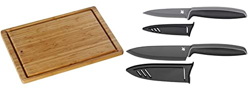 WMF Schneidebrett Bambus natur, 45 x 30 x 1,9 cm, Holzbrett groß - Tranchierbrett & Touch Messerset 2-teilig, Küchenmesser mit Schutzhülle, Spezialklingenstahl antihaftbeschichtet, schwarz