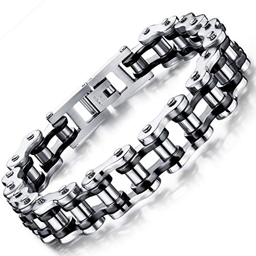OSTAN Herren Edelstahl Armbänder Fahrradkette Biker Motorradkette Gliederkette Herren Armband Rock Band Armreif (schwarz + silber, 21.5)