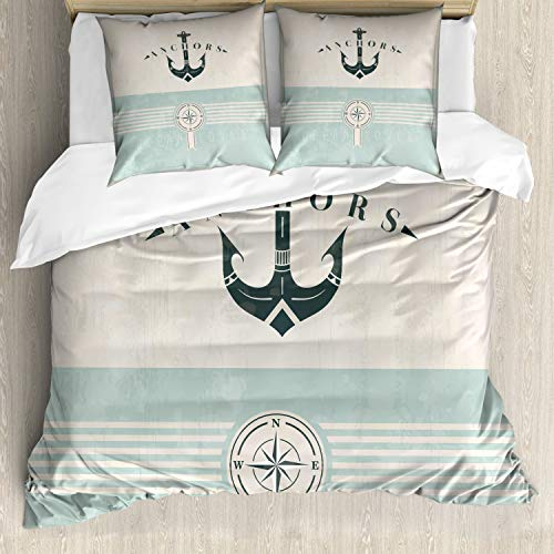 ABAKUHAUS Nautisch Bettbezugs Set Für Doppelbetten, Altmodisch Maritim Anker, Milbensicher Allergiker geeignet mit Kissenbezügen, Seafoam Black Beige