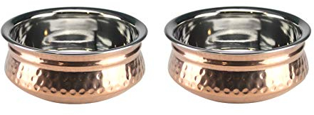 Hammered Copper Serving Handi Double Wall Balti Dishes Curry Serving Bowls Indian Stainless Steel Multipurpose Rim Serving Bowls Set 13cm/15cm/17cm (2, 17cm)