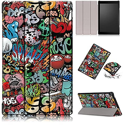 Shinyzone Slim Case for Amazon Fire HD 10 inch 2019/2017,Tri-Fold Stand Smart Case Cover with Auto Sleep/Wake Function,Premium PU Leather TPU Bumper Protective Case,Graffiti