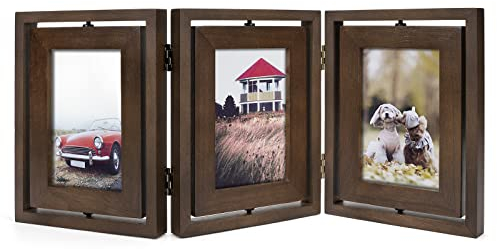 Emfogo 10.2x15.2 cm großer Bilderrahmen aus rustikalem Holz, aufklappbar, dreifacher Bilderrahmen, Collage, drehbarer High-Definition-Glas-Bilderrahmen für Zuhause, Tischplatte (Walnuss)