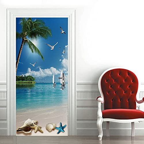 A.Monamour Türtapete Selbstklebend Türfolie Türposter 3D Kokospalme Mit Tropischem Strand Und Meer Vinyl Folie Türdeko Tapete Wandbild Türaufkleber Türtattoo 77 x 200 cm