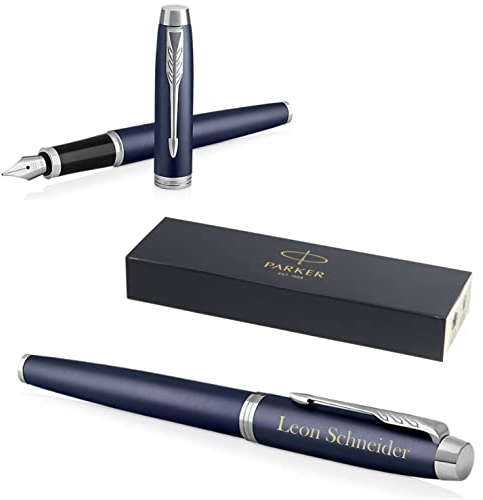 Parker IM Core Füllfederhalter mit Gravur | Premium Stift | Geschenkbox | blaue Tinte | personalisiertes Geschenk | Namen | graviert | Füller | Jahrestag | Geburtstag (Matte Blue C.C.)