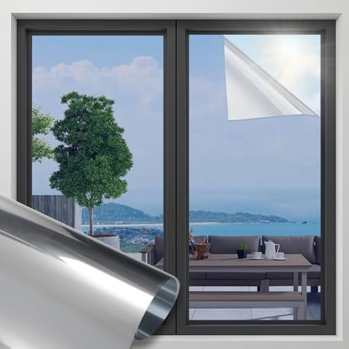 OFHome Window Film Privacy One Way Clear, UV Reflective Mirror Tint for Home and Office, Sun Blocking Anti Glare Heat Control Self-Adhesive Door Glass Windows Tinting, Silver, 40x300cm