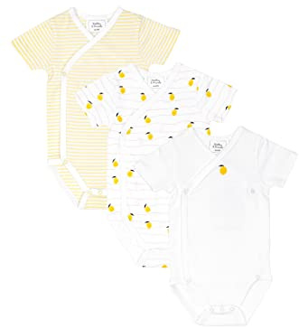 Stellou & friends Baby 100% Bio-Baumwoll Wickelbody 3er Set, kuschelweiche und hochwertige Kinder Kleidung für Jungs und Mädchen mit schönen Prints Kurzarm Gelb-Weiß 50-56