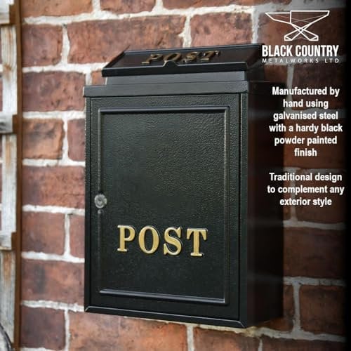 Black Wall Mounted Post Box with Gold Text