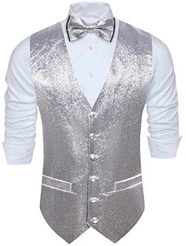 Barry.Wang Glänzende Herren-Weste mit Pailletten, Fliege, Set, glitzernd, lässig, Weste, Festival, Disco, Party, Abschlussball, silber, XL