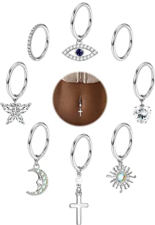 Kakonia 8 Stück 14G Bauchnabelpiercing Ring für Damen Dangly Gold Piercing Bauchnabel Lang Kurze 8 10 12mm CZ Nabelpiercing Schmuck Belly Button Hoop Hinged Clicker Navel Bar Schmuck Damen