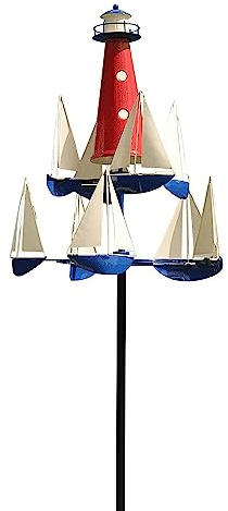ZZYYZZ Segelboot-Windspiel, nautische Gartendekoration, Sommer-Leuchtturm-Bootswindmühlen, nautische Windskulptur, Außendekoration, für Garten, Rasen, Terrasse, Hinterhof