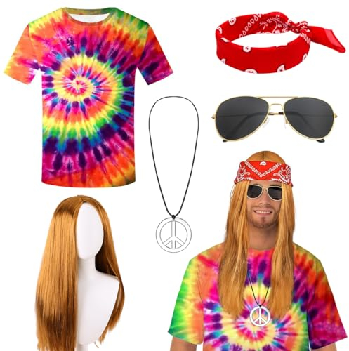 Hippie Kleidung Herren 5tgl. Hippie Kostüm 70er Jahre Bekleidung Herren, Hippie T-Shirt Perücke Brille Peace Halskette Stirnband Hippie Accessoires für 70er Jahre Bekleidung Karneval Fasching
