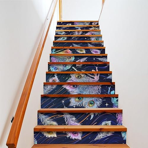 COALHO Vintage Pfau Treppenerhöhung Dekoration Dekorative Aufkleber Psychedelisch Schöne Sternenhimmel Bunte Pfauenfedern Abziehen und Aufkleben Aufkleber 100 cm x 18 cm x 1 Set