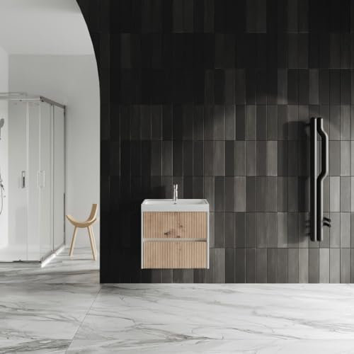 Kiamami Valentina Mueble Lavabo baño 60cm 2 cajones Roble Dorado Enrejado Cortina
