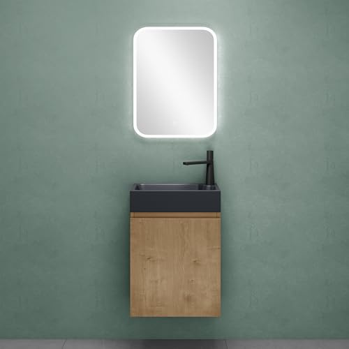 Mai & Mai Mueble de Baño Flotante en Color Núcleo de Roble 46x26x63cm | Lavabo de Mármol Fundido Antracita Mate | Espejo LED | Gabinete de Almacenamiento para Baño Pisa02