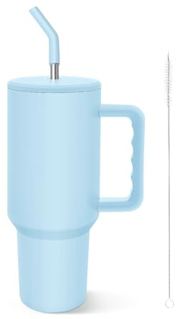 COZOME 40Oz Gobelet Isotherme avec Paille et Poignée, 304 Acier Inoxydable Bouteilles Isothermes, Anti-déversement Mug Isotherme for Voiture, Bureau, Camping, Yoga, Extérieur, Bleu Clair