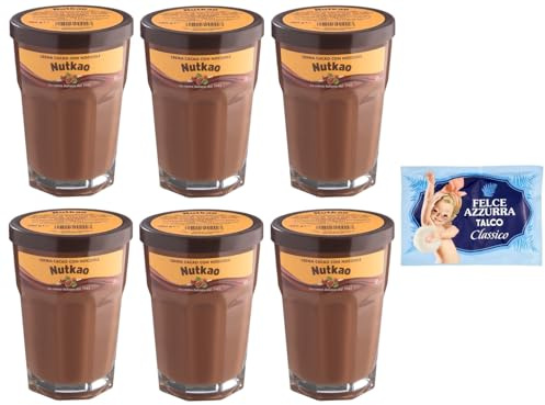 6er-Pack Nutkao Crema Cacao con Nocciole,Streichfähige Creme Kakao mit Haselnüssen,Italienische Creme, 330g-Glas + 1er-Pack Kostenlos Felce Azzurra Talkumpuder, 100g-Beutel