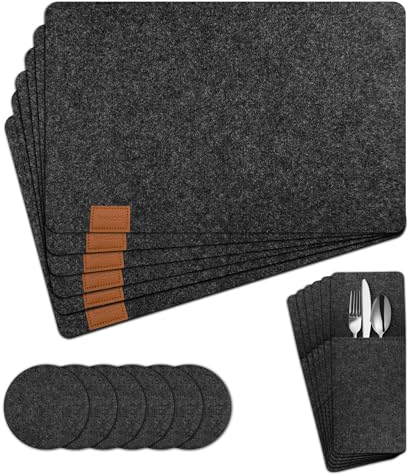 teeppo Platzsets 18er Set - Abwaschbar, Temperaturbeständige Filz Tischsets mit Geschirrtasche, Rutschfest Untersetzer-Set für Esszimmer - Schwarz