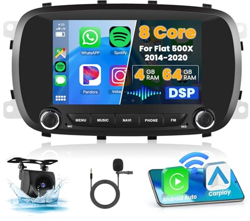 Ohradio 8 Core/4G+64G Autoradio Android 15 per FIAT 500X 2014-2020 con Carplay Wireless Android Auto Stereo Auto 7 Pollici Touchscreen con GPS 59UI DSP WiFi BT RDS/FM Retrocamera MIC