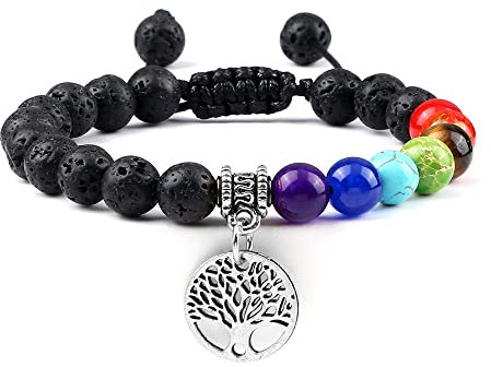 Armband Herren Perlen, Natürliche Edelstein-Armbänder Mit 7 Chakras, Verstellbare Armreifen Mit Reiki-Perlen Aus Lavastein, Mit Silbernem Lebensbaum-Anhänger, Energie-Edelstein-Armbänder Für Fr