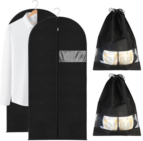 Tenbrachian 2 Pz Custodie per Abiti & 2 Pz Borse per Scarpe, Borsa Porta Abiti 60 x 120 cm, Copriabiti Antipolvere, Custodie Abiti Armadio, Porta Abiti da Viaggio per Camicia Costumi Giacca(Nero)