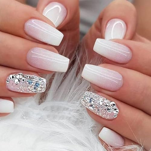 24Pcs Glitter Silver Pink Short Coffin False Nail Tips with Rhinestone, Full Cover Press-On Nail Tips for Women with Removable Adhesive