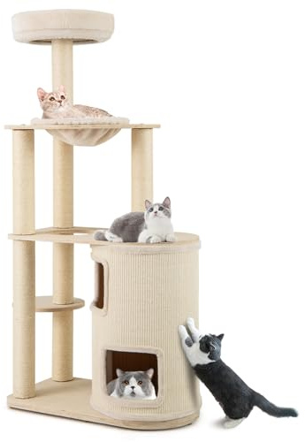 COSTWAY 151 cm Árbol Rascador para Gatos con Poste Rascador | con Condominio, Alfombra, Cama, Hamaca, Cojín Lavable, Centro de Actividades Multifuncional para Gatos