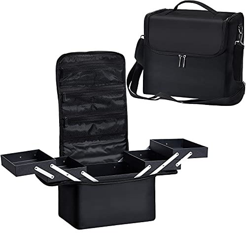 Makeup Organiser Bag Vanity Case for Women Makeup Storage Box Nail Polish Organiser Hairdressing Bag with Shoulder Strap, Black