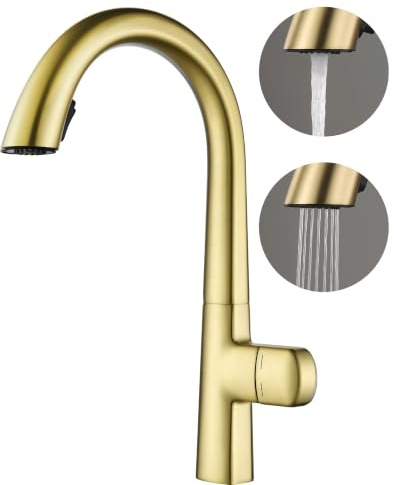 Robinet cuisine,2 fonctions de pulvérisation d'eau mitigeur cuisine,Matériau entièrement en cuivre robinet cuisine rabattable,Rotatif à 360° robinetterie de cuisine,Or brossé