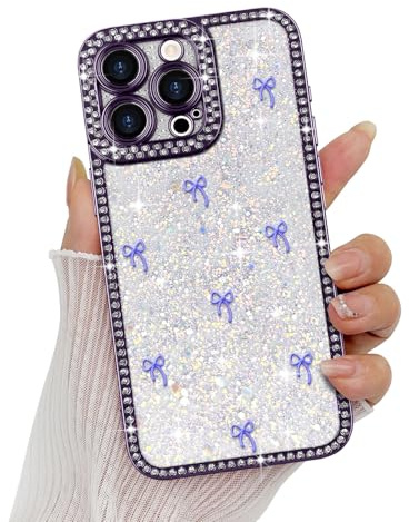 Wirvyuer for iPhone 14 Pro Max Bow Case Glitter Diamonds for Girls, Purple | Cute 3D Bowknot with Luxury Sparkly Rhinestone Design Phone Case, Clear Shockproof Protective Silicone Phone Case for Women