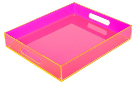 Großes Acryl-Serviertablett, dekoratives Ottoman-Couchtisch-Tablett mit Griffen, Dekoration, Lebensmittel, Tee, Obst, Abendessen, Snack, Vorspeisen, Mittagessen, Dessert, 43.2x33333 cm, Neonrosa