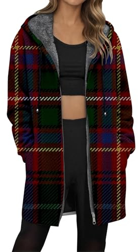 Cappotto lungo da donna con cappuccio scozzese – Giacca foderata in pile con cerniera e motivo tartan | Cappotto invernale caldo e a quadri per l'autunno, Stile c04 rosso, M