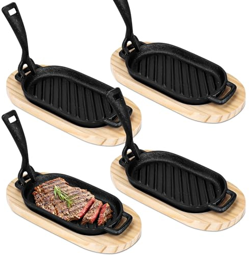 4 Pcs Fajita Cast Iron Skillet Pan Set Sizzling Steak Plate with Wooden Base and Removable Handle Cast Iron Grill Frying Pan for Home Restaurant Kitchen Cooking (22.8 x 10.8 cm)