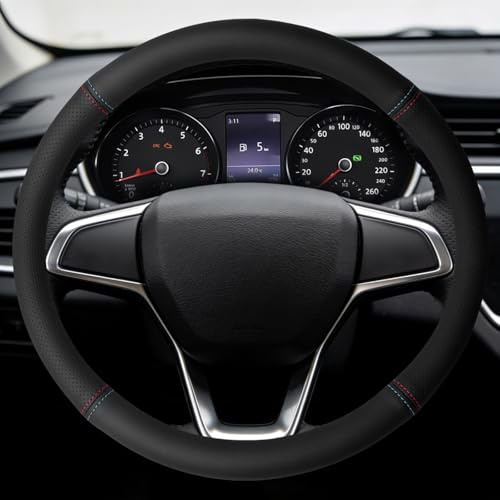 SDLDEER Auto Lenkradbezug 37-38 cm Universal Lenkradbezug Leder Steering Wheel Cover Kunstleder rutschfest Bequem für Sommer & Winter (roten und blau Linien)
