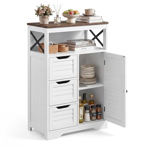 BonVache Küchenschrank mit 3 Schubladen, Sideboard im Jalousiestil, Aufbewahrungsschrank mit Offene Ablagefächer, Verstellbare Ablage, für Flur, Badezimmer, Wohnzimmer, 56 x 30 x 87cm, Weiß