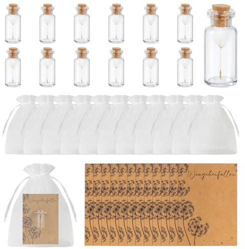 12PCS Wunscherfüller Pusteblume im Glas – Wunschglas Geschenk Set mit Löwenzahn Samen, Karte, Organza Beutel & Hanfband – Glücksbringer Mitgebsel für Hochzeit, Geburtstag & Weihnachten
