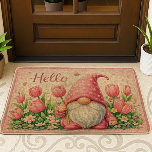 Wichtel-Fußmatte, Motiv: Tulpen, Blumen, Frühling, Pfirsich, waschbar, niedriges Profil, für Haus, Büro, Außen, Inneneingang, Dekoration, 73 x 43 cm