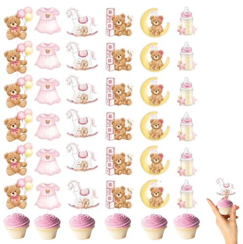FMPXYYA 36 Stück Cupcake Topper Babyparty Rosa – Papier Tortenstecker Baby Shower Kuchen Deko Zubehör – Muffin Tortendeko für Taufe, Gender Reveal, Kommunion, Geburtstagsfeier – Kuchendekoration