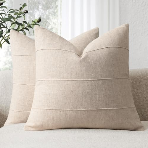 ZWJD Natur-Leinen Kissenbezug 45x45 2er Set Weiche Kissenbezüge in Beige Einfarbige Sofakissen Kissenhüllen mit Streifenmuster für Couch, Bett, Schlafzimmer und Wohnzimmer, Moderne Dekokissen