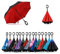 Jooayou Umdrehbarer Regenschirm mit 2 Flächen, C-förmiger Griff, rückseitig faltbarer Regenschirm, Anti-UV, winddicht, Reise-Regenschirm mit Tragetasche, damen, rot