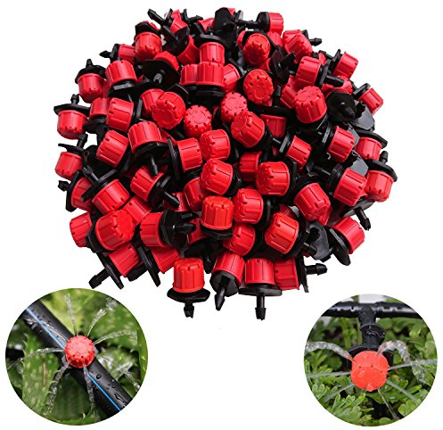 Kalolary 100Pcs 1/4Inch Irrigation Drippers Sprinklers, Adjustable Emitter Drippers Micro Drip Irrigation System Watering Sprinklers Anti-clogging Emitter Dripper Red Garden Supplies