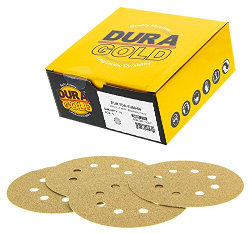 Dura-Gold Premium - 80 Grit - 5 Gold Sanding Discs - 8-Hole Dustless Hook and Loop for Random Orbit DA Sander - Box of 50 Finishing Sandpaper Discs for Woodworking or Automotive