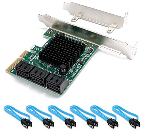 QNINE PCIe SATA Karte 6 Port mit 6 SATA Kabeln, PCI Express zu SATA Controller Erweiterungskarte mit Low Profile Bracket, 6 GBS SATA 3.0 PCIe Karte ohne Raid Unterstützung, HDD oder SSD
