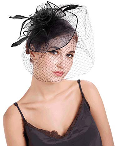 COMVIP Bibi Voilette Femme Fleur Plume à Pois Chapeau Coiffure Mariage Soirée Noir
