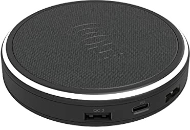 Halo Wireless Phone Charging Hub, Universal Wireless Phone Charger with USB-A and USB-C Ports for Qi-Enabled Devices, USB Devices, Black
