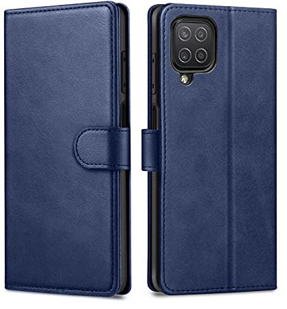 Focusor Para Funda Samsung Galaxy A12 Cuero Carcasa, Soporte Plegable Ranura para Tarjeta Protectora Premium Bolsa de Billetera Cierre Magnético Antigolpes PU Case Samsung A12, Azul